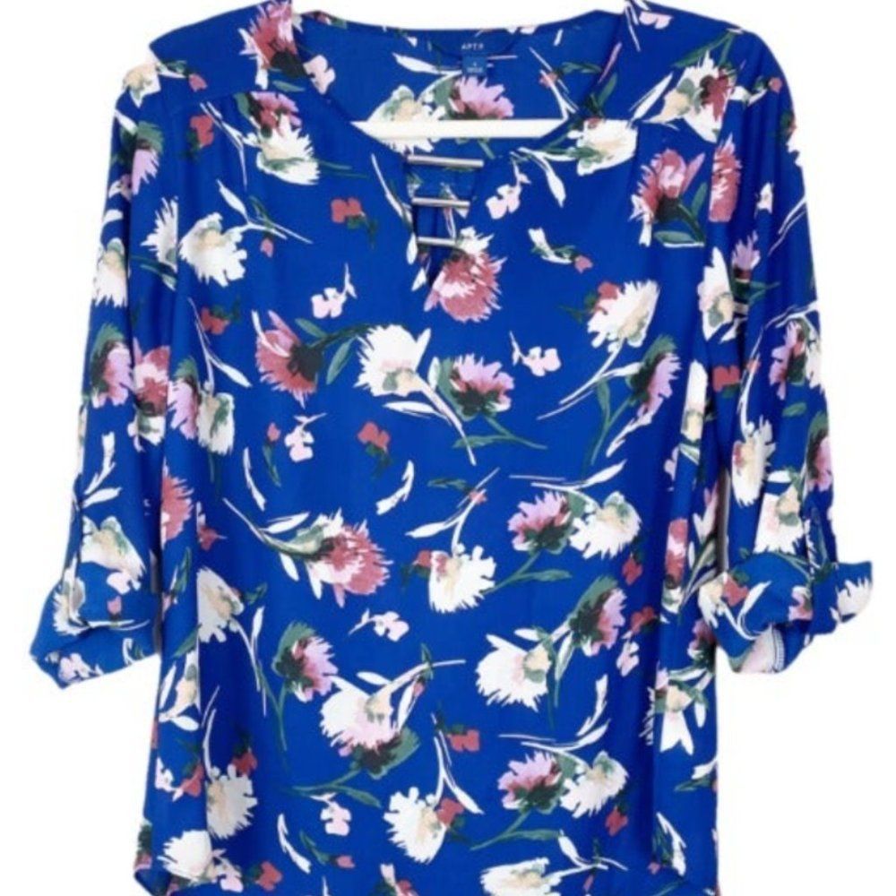 NEW APT.9 Blouse Top Shirt SIZE XS BLUE MULTI FLORAL SLEEVES 3/4